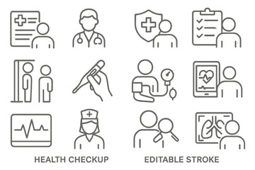 Health checkup icons featuring medical professionals, patient interactions, and health monitoring activities in a minimalist style