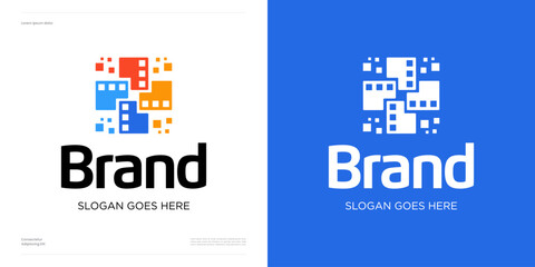 Digital film maker with interlock colorful style logo icon design vector, Symbol square pixel with clip sign for cinema productions usable for content creator photography and identity business