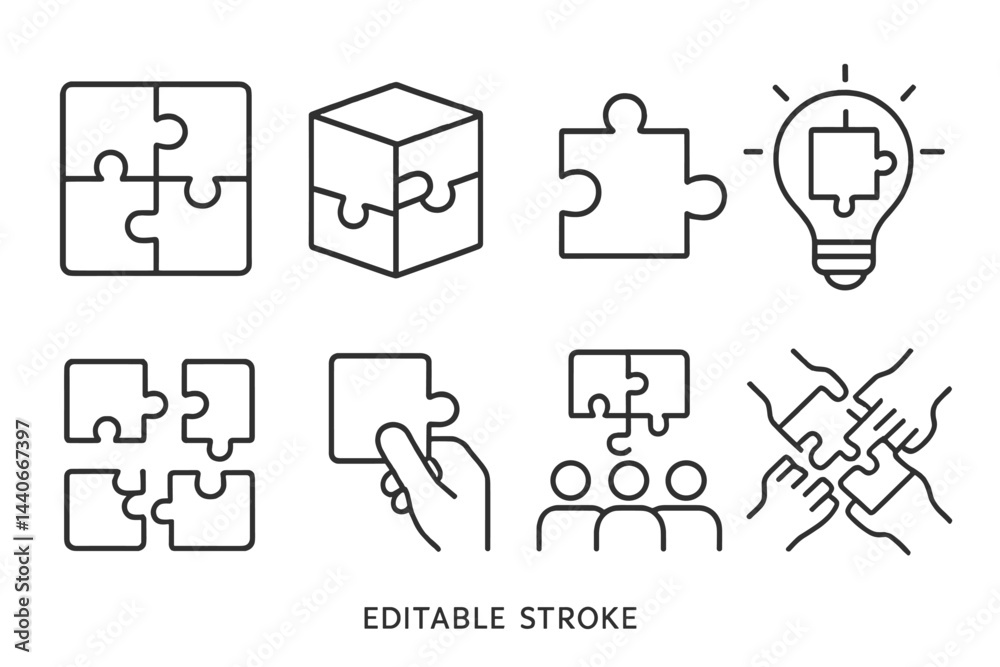 Poster creative problem solving with puzzle pieces in various forms and configurations for team collaborati