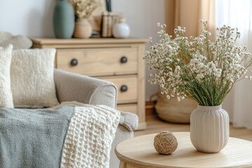 A cozy living room scene with a vase of flowers and a couch in a neutral color palette setting indoors