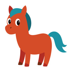 Cartoon horse illustration of a cute pony with brown body and blue mane