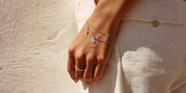 Elegant jewelry on female hand with delicate bracelets and ring against light background