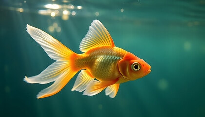 Fototapeta premium Elegant goldfish swimming gracefully in clear sunlit water with serene aquatic background