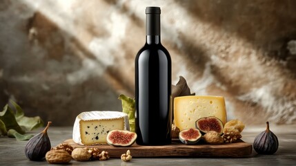 Naklejka premium A visually striking wine and cheese set, styled for premium product branding. A minimalistic bottle design is complemented by a