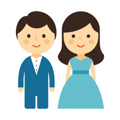 Cartoon wedding couple illustration groom in blue suit and bride in dress