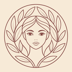 Elegant Line Art Portrait of a Woman Framed by Leaves