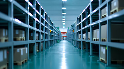 Obraz premium Aisle of a modern warehouse with metal shelves stacked with boxes under bright lighting.
