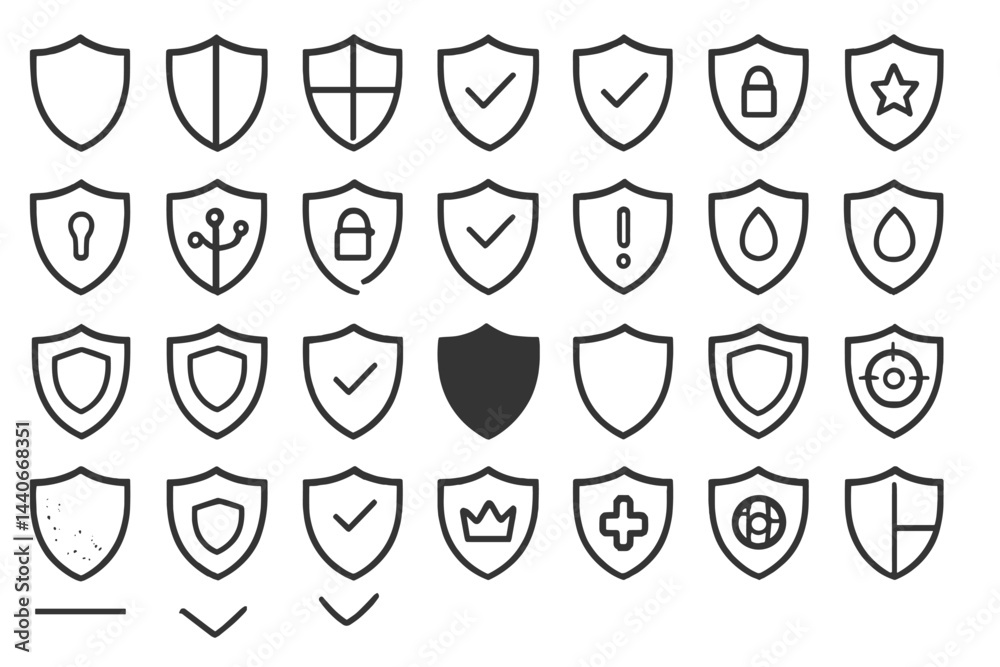 Poster various shield icons representing security symbols and badges designed for digital applications and 