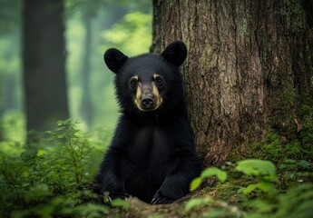 Obraz premium Majestic Black Bear Sitting Against a Tree in Lush Green Forest with Soft Morning Light Filtering Through Leaves