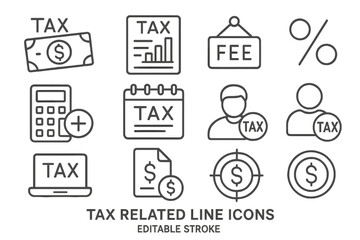 Collection of tax related icons featuring calculations, documents, and fees suitable for financial applications