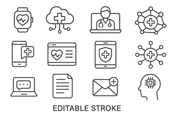 Health technology icons representing digital care and telemedicine solutions with various devices and symbols