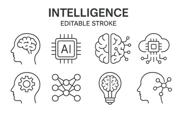 Various illustrations of intelligence concepts featuring brains, circuits, and connections in a digital style