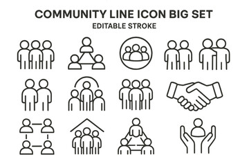 Community line icon big set showcasing diverse group activities and relationships in a simplistic design for clear representation