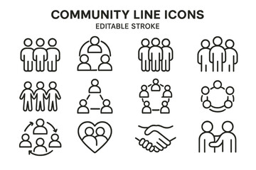 Community line icons for representing social interactions and connections in various settings