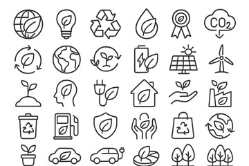 Collection of eco-friendly and sustainability icons representing green initiatives and environmental awareness