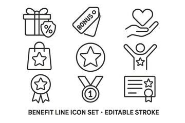 Set of benefit line icons showcasing rewards, bonuses, and recognition in a minimalistic style