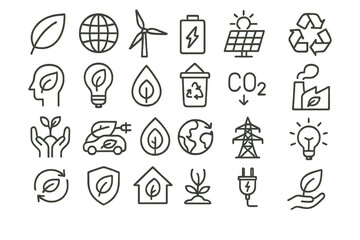 Collection of eco-friendly icons symbolizing sustainability and renewable energy initiatives from various perspectives around the world