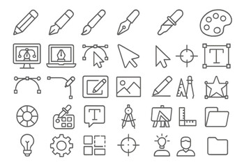 Variety of design tools and symbols displayed in a grid layout for graphic design applications