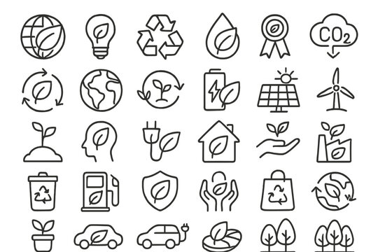 Collection of eco-friendly and sustainability icons representing green initiatives and environmental awareness