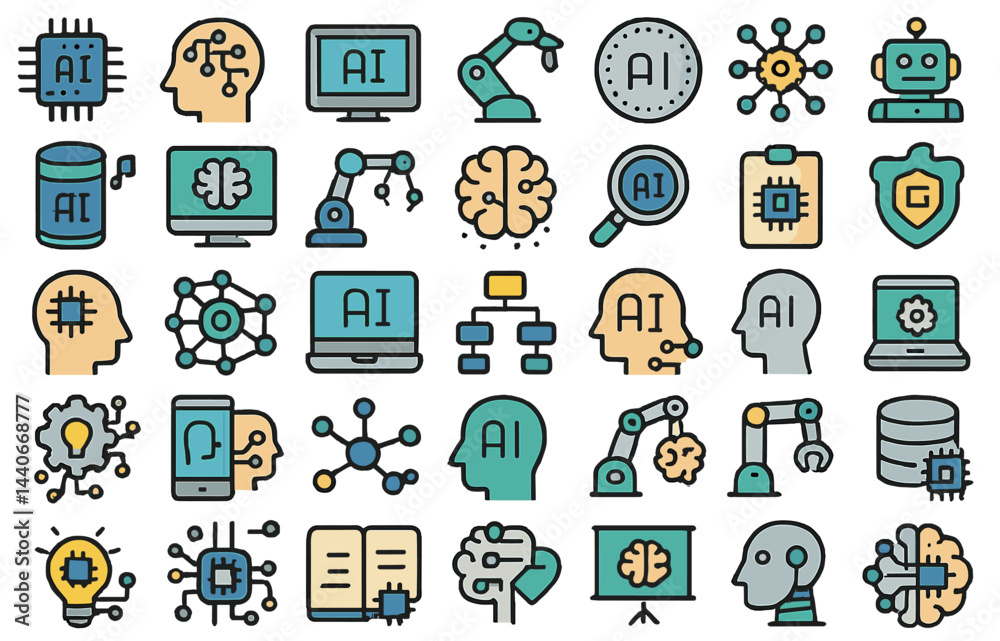Poster diverse icons representing artificial intelligence concepts and technology in a vibrant and engaging