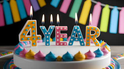 Festive cake for a fourth birthday, decorated with lit '4 YEAR' candles and colorful frosting.