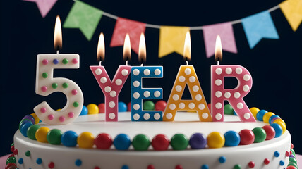 Festive cake for a fifth birthday, decorated with lit '5 YEAR' candles and colorful balls.
