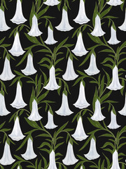 Floral seamless pattern with white bellflowers and green liana.