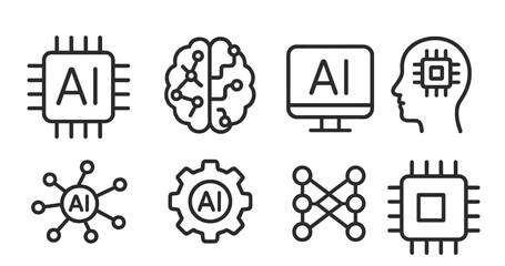 Artificial intelligence icons represent technology concepts and applications in modern digital design and innovation