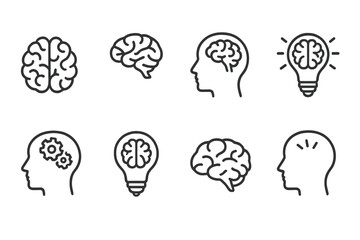 Illustration of creative thinking concepts featuring brain designs and light bulbs representing ideas and innovation