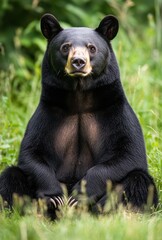 Fototapeta premium Majestic black bear sitting calmly in lush green grass, showcasing its powerful physique and attentive expression in a natural habitat environment.