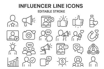 Variety of influencer line icons showcasing popular social media activities and engagement tools in a minimalistic design