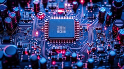 Obraz premium Close-up of illuminated circuit board with central processor.