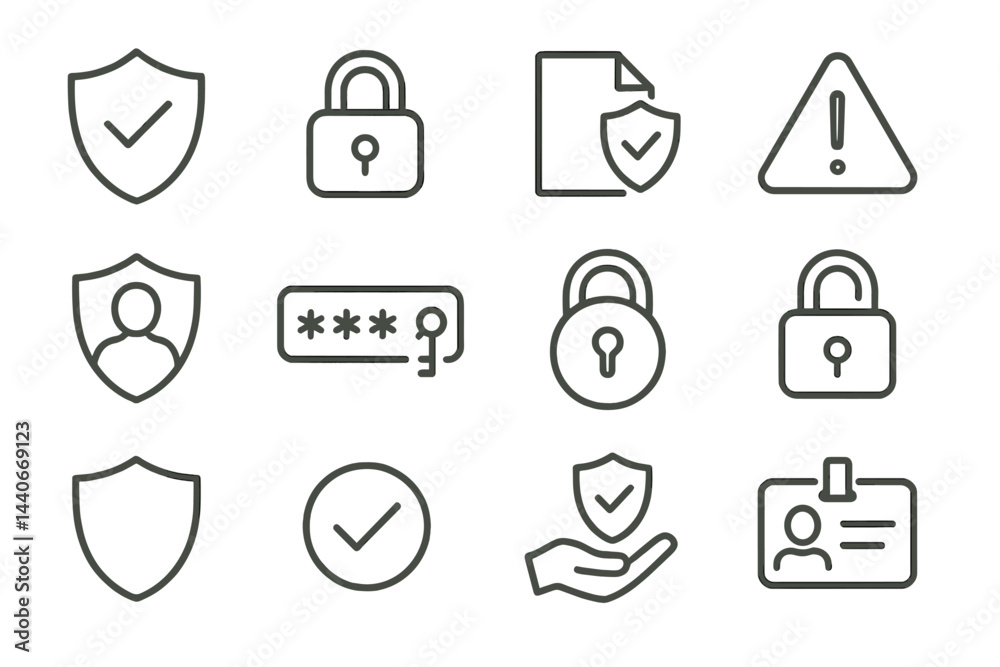 Poster security icons representing digital protection, data privacy, and user authentication in a simple de