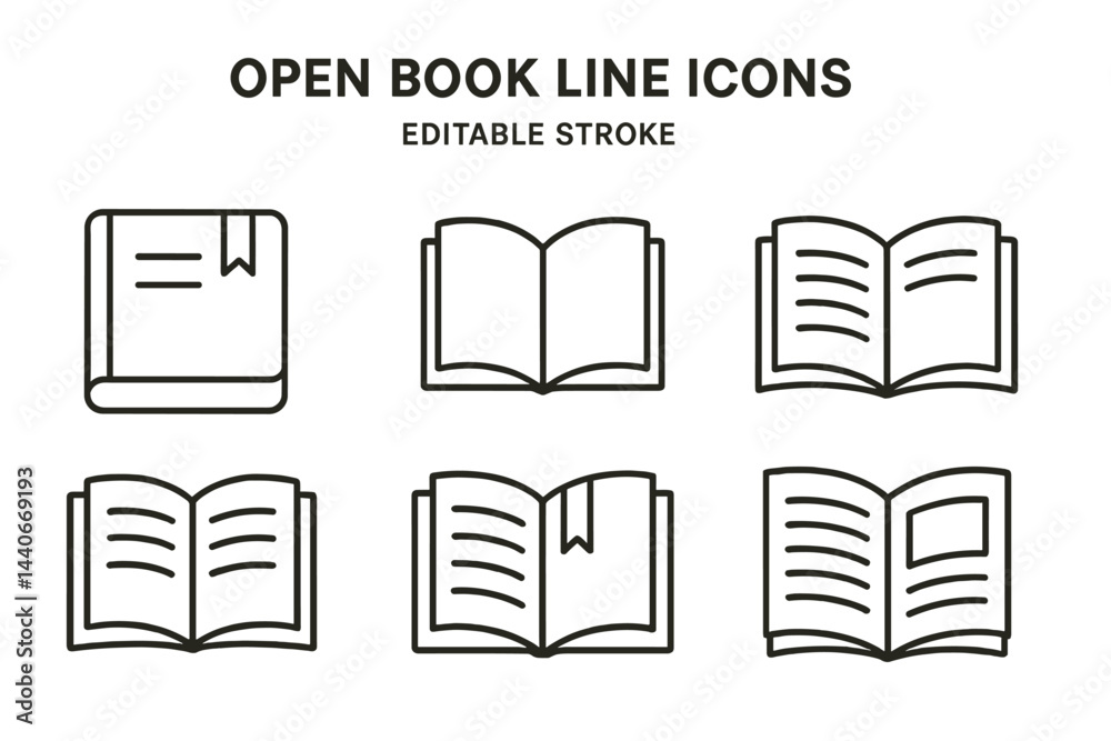 Poster collection of open book line icons featuring different designs and styles for various applications