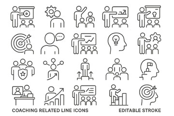 Coaching icons representing various activities in skill development and leadership training sessions