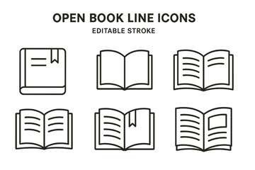 Collection of open book line icons featuring different designs and styles for various applications