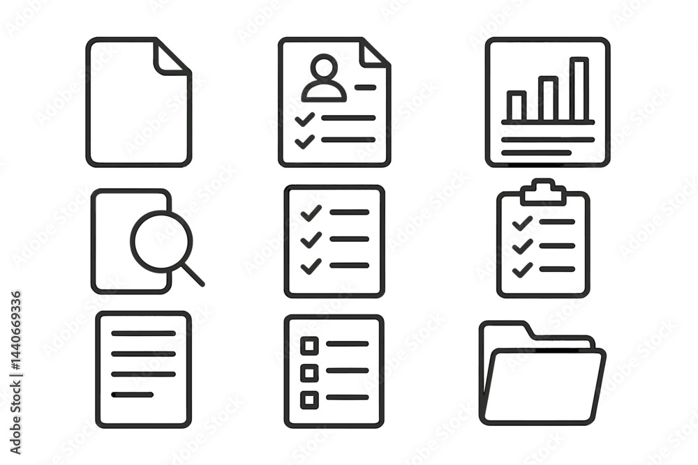Poster various document and organizational icons representing different tasks and information management in