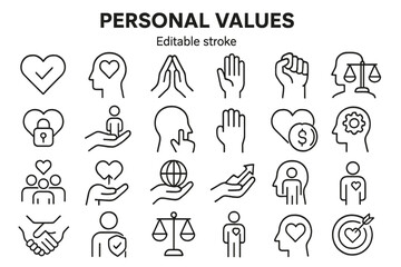 Personal values icons illustrating concepts of compassion, justice, financial security, and social responsibility in a modern design