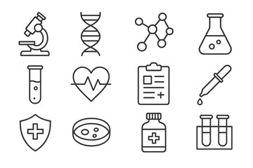 Medical and scientific symbols represent laboratory research and health care activities in a detailed graphic arrangement