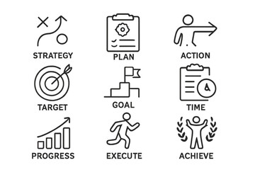 Visual representation of strategic planning and goal achievement through action and progress tracking