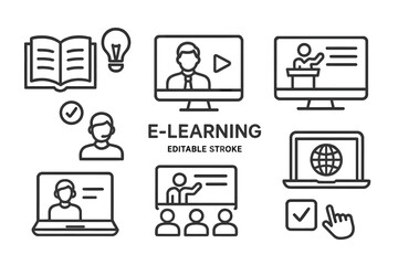 E-learning concepts with online education elements including screens, books, and learning tools for digital learning environments