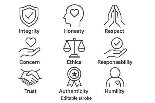 Values represented through symbols of integrity, honesty, respect, and other virtues in a clean design
