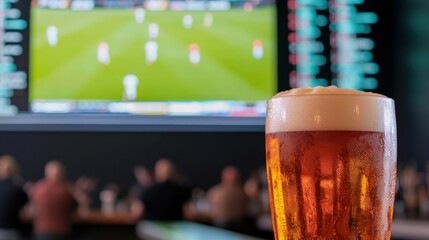 Hangout Area Concept, Lively Sports Bar with Fans Watching Exciting Game on Big Screen with Cold Beer and Enthusiastic Atmosphere
