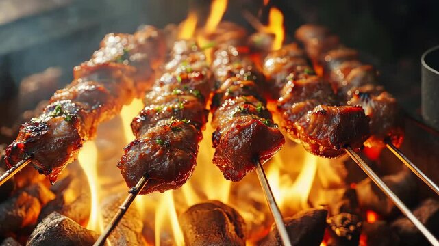 Juicy skewers grilling over open flames in mouthwatering outdoor bbq scene
