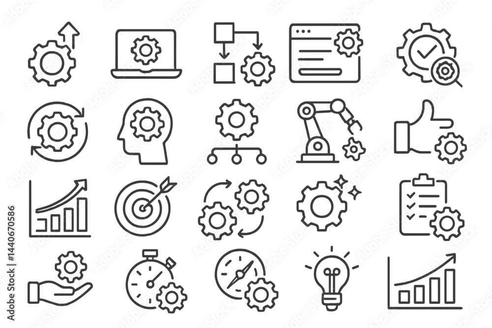 Poster exploring concepts of technology and efficiency through gears, planning, and data visualization in m