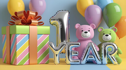 First birthday composition: silver "1" balloon, "1 YEAR" inscription, striped gift with orange bow, two teddy bears, and colorful balloons on a two-tone background.