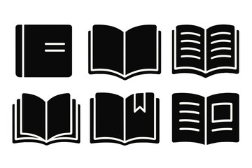 Collection of black book icons displaying various open and closed book designs on a white background