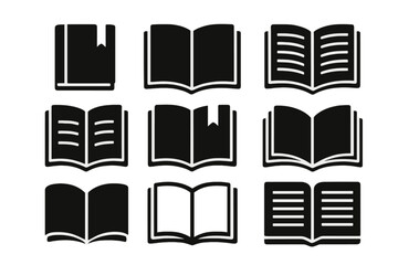 Different styles of open and closed books represented in black silhouette against a white background, showcasing various designs and orientations