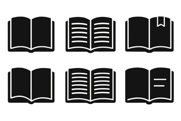 Various open book icons displayed in black silhouette set on white background for educational themes