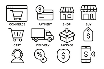 Icons representing online shopping, payment methods, and delivery services for e-commerce